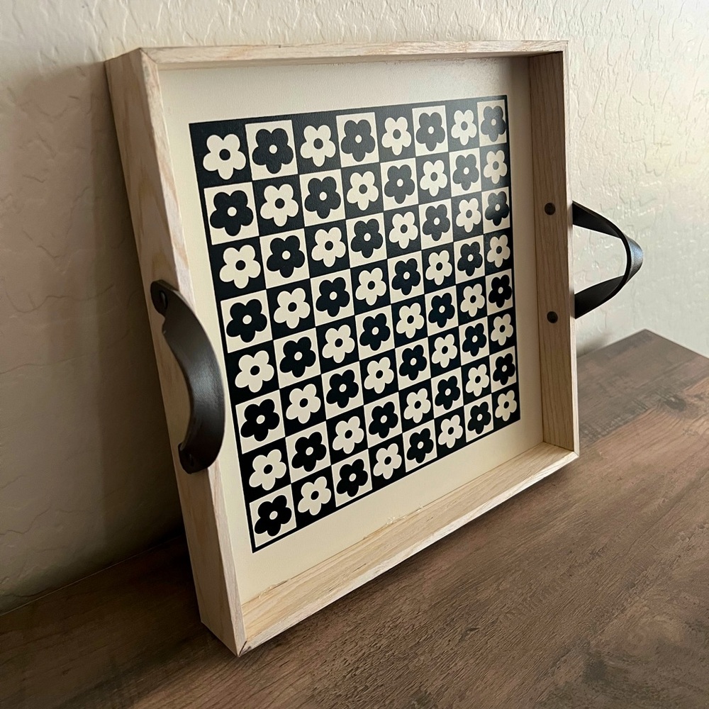 Target Bullseyes Playground Wooden Flower Print Tray with Handles Black & White